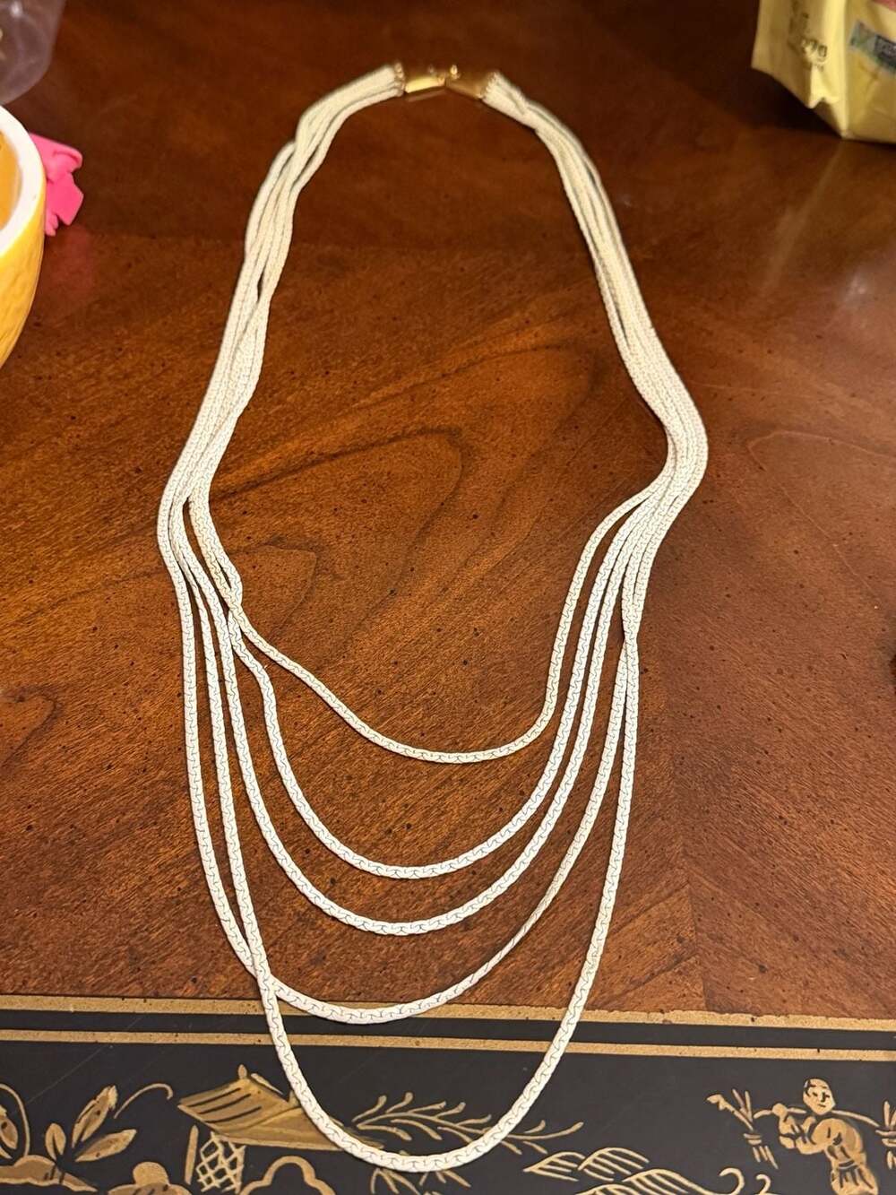 MONET White Enamel Chain Multi Strand Necklace 70s Disco Era